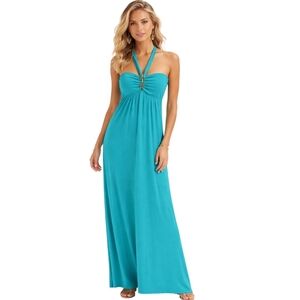 Trina Turk Turquoise Halter Maxi Dress Gold Detail Size S
